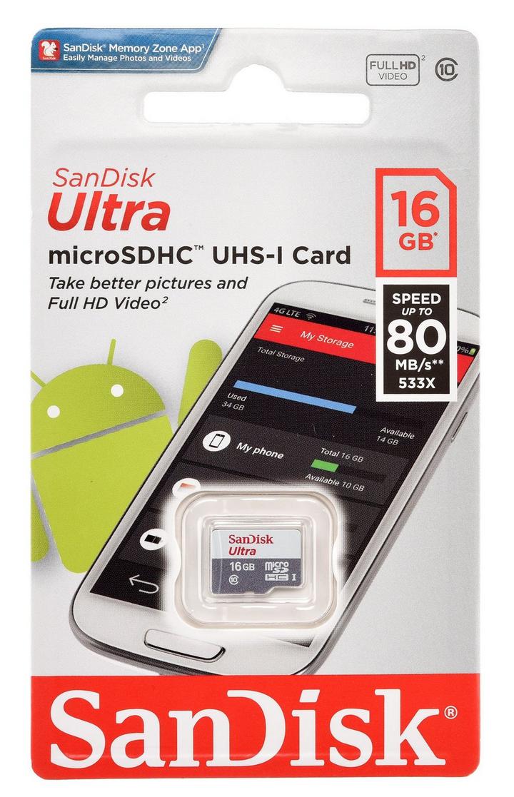Sandisk ULTRA 16GB MicroSDHC Memory Card Class 10 Black/White