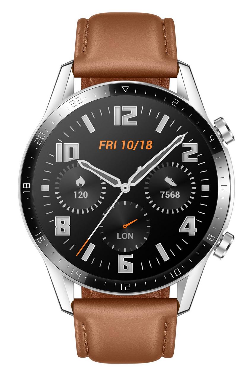 Huawei Watch GT2, 46mm Stainless Steel, Leather Strap, Brown - eXtra Oman Huawei Watch GT2, 46mm Stainless Steel, Leather Strap, Brown - eXtra Oman