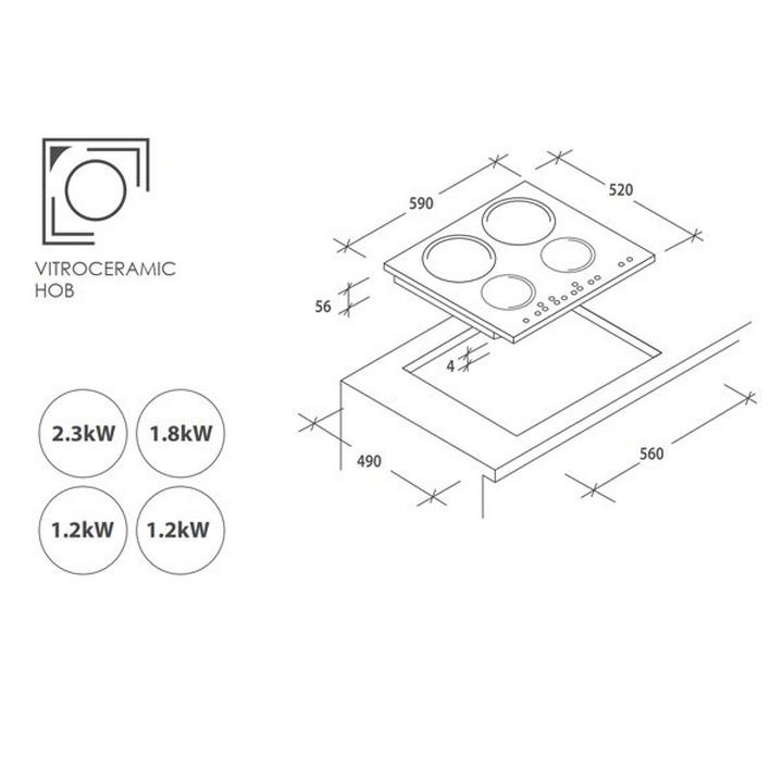 Candy Bulit in Vitroceramic Hob, 60cm, 4 Zones, Power Management, Timer, Black.