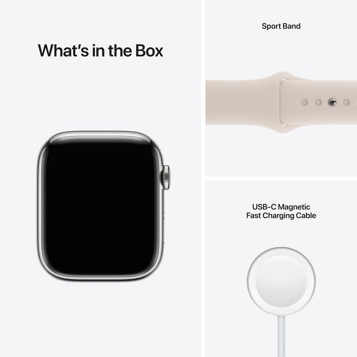 Apple Watch Series 7 GPS + Cell, 45mm Silver Stainless Steel Case with Starlight Sport Band