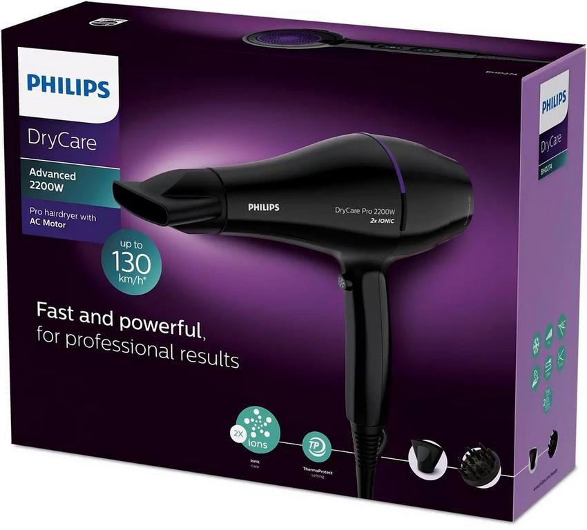 Philips Pro Hair Dryer, 2x ionic care, attachments, 2200W, Black - Main Image