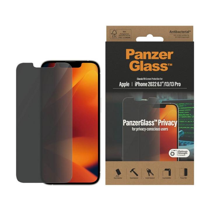 PanzerGlass iPhone 14 & 13 & 13 Pro Privacy Screen Protector Anit Bacterial, Clear