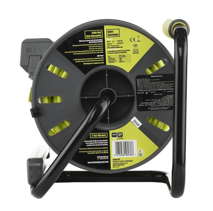 Masterplug, Open Cable Reel Extension 2 Socket, 2USB, 25 Metres, Green