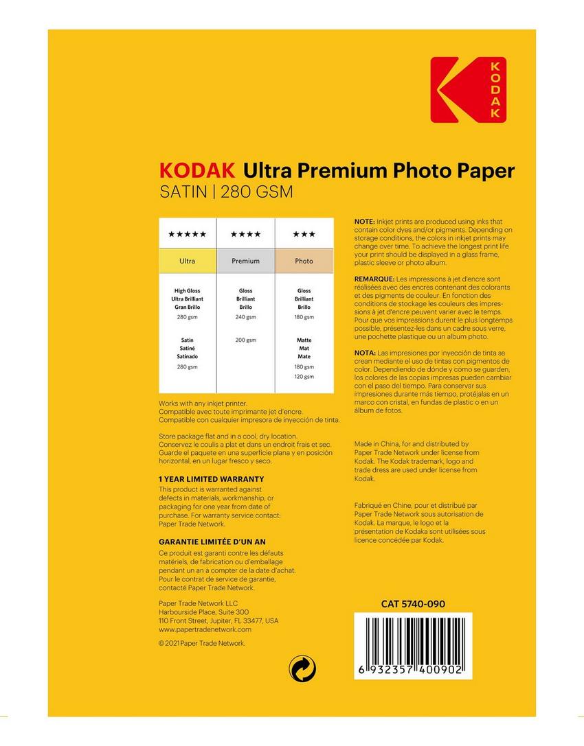 Papier Photo KODAK Ultra Premium Brillant - Pack 25 Feuilles A4, 280g/m² - Pour Impressions Jet D'encre Qualité Pro