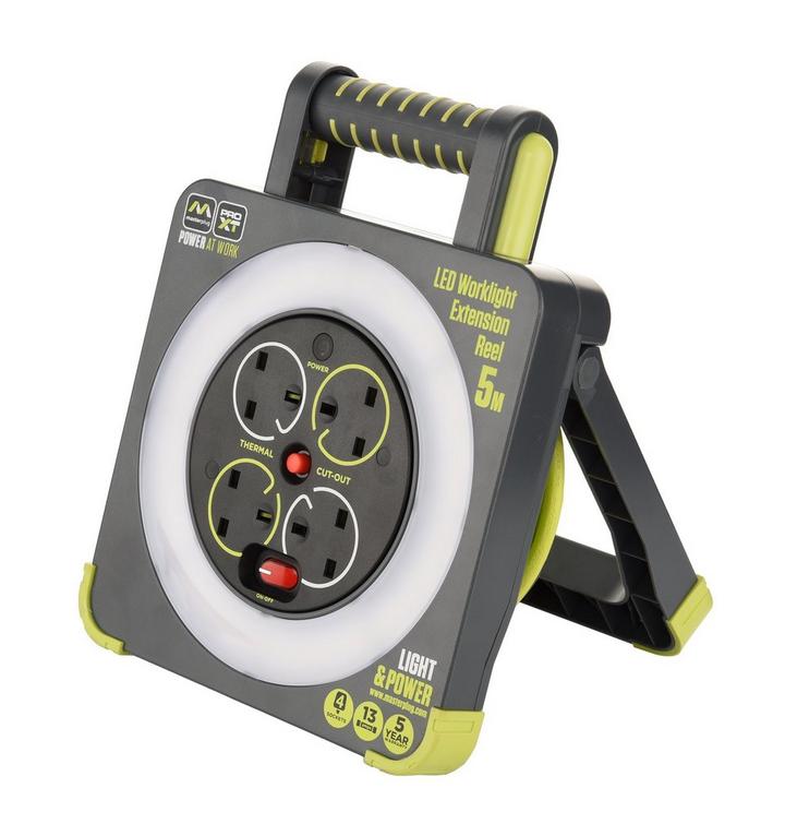 Masterplug, Pro-XT 4 Socket LED Work Light Extension Reel with Stand, 5M Cable, Grey