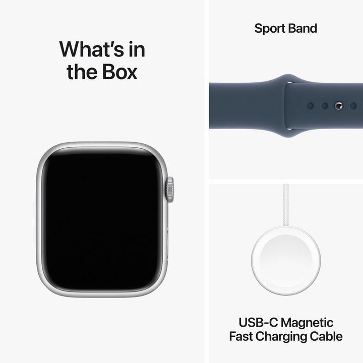 Apple Watch Series 9 GPS 45mm Silver Aluminium Case with Storm Blue Sport Band - S/M