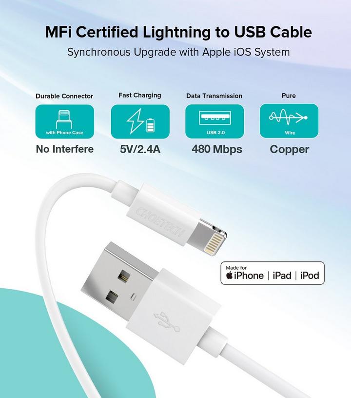 كابل Choetech USB-A إلى لايتننج بطول 1.2 متر - أبيض