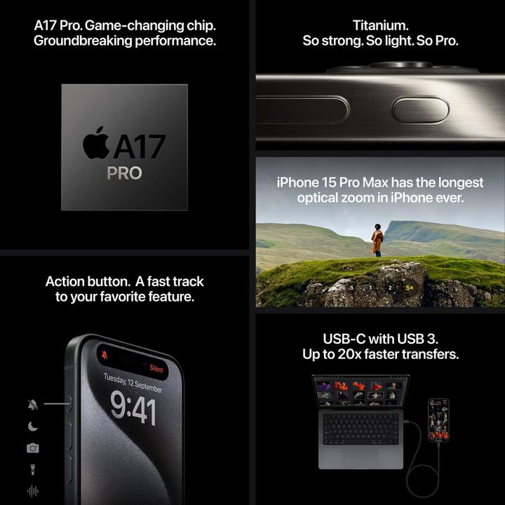 Apple iPhone 15 Pro, 5G, 1TB, 6.1 Inch, White Titanium