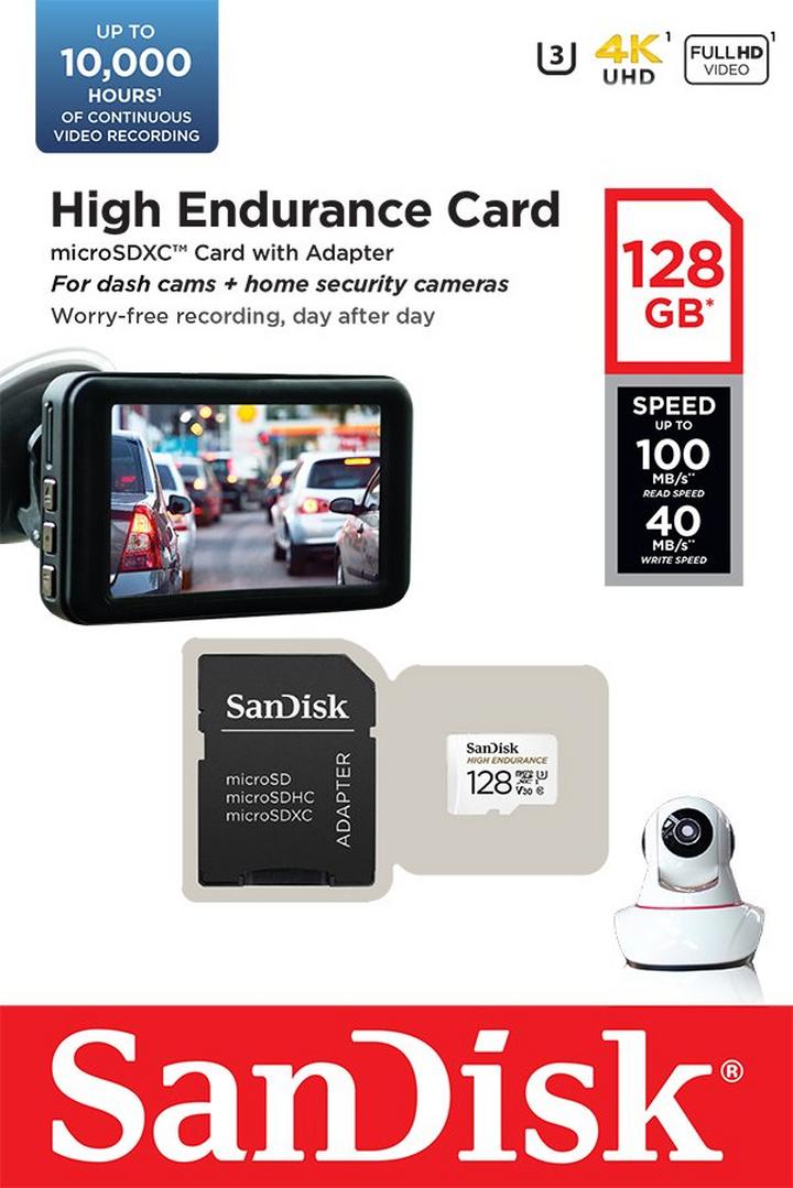 SANDISK High Endurance microSDXC + SD Adapter, 128GB, White