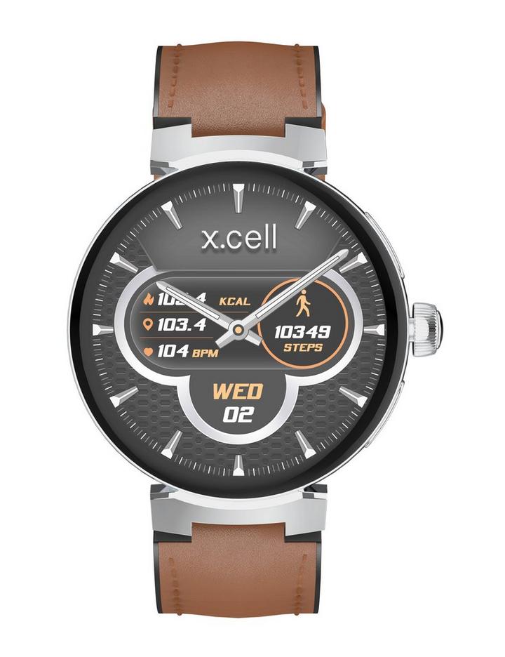 X.cell ELITE 3 Smartwatch With Brown Leather Strap Silver
