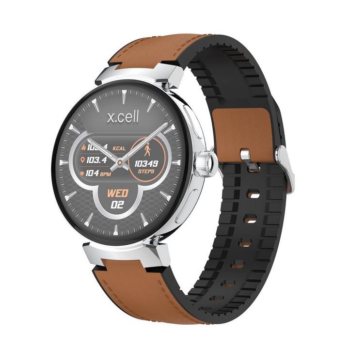 X.cell ELITE 3 Smartwatch With Brown Leather Strap Silver