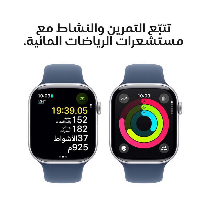 ابل، ساعة الجيل العاشر، جي بي اس، 42 ملم، غطاء ألمنيوم فضي، سوار أزرق رياضي، صغير/متوسط