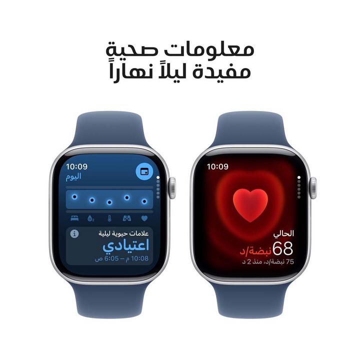 ابل، ساعة الجيل العاشر، جي بي اس، 42 ملم، غطاء ألمنيوم فضي، سوار أزرق رياضي، صغير/متوسط