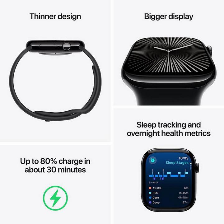 Apple Watch Series 10 GPS 46MM Jet Black Aluminium Case with Black Sport Band - S/M