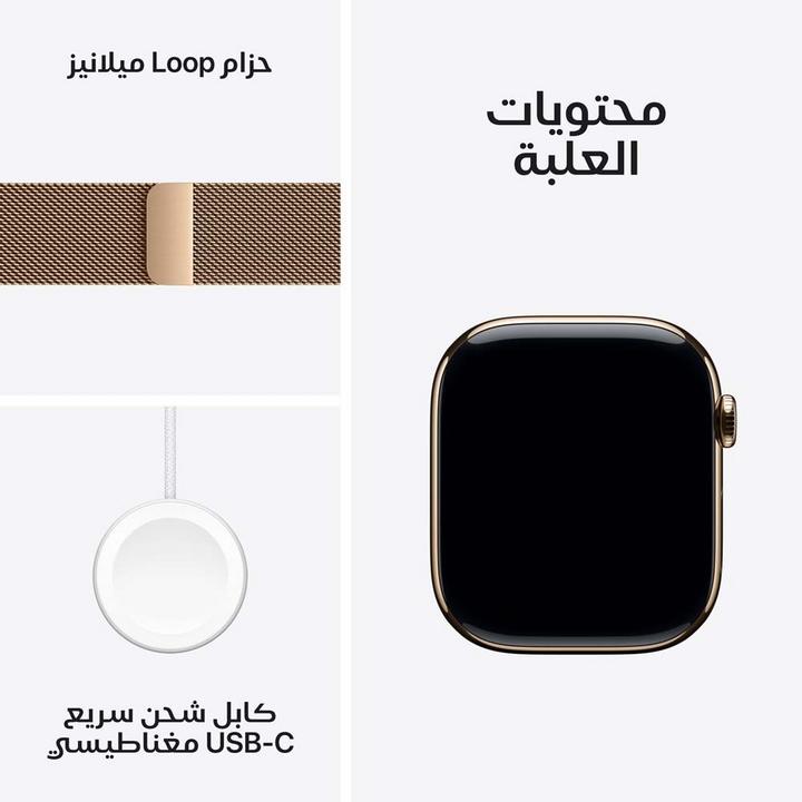 ابل، ساعة الجيل العاشر، جي بي اس، خاصية الاتصال، 46 ملم، غطاء تيتانيوم ذهبي، سوار ميلانيز، صغير/متوسط