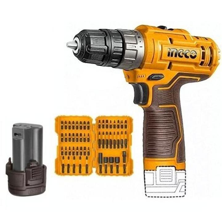 Ingco 12V Li Ion 2 Bat Cordless Drill 50 Pcs Screw Set Max Torque 20 NM Yellow Black eXtra Oman