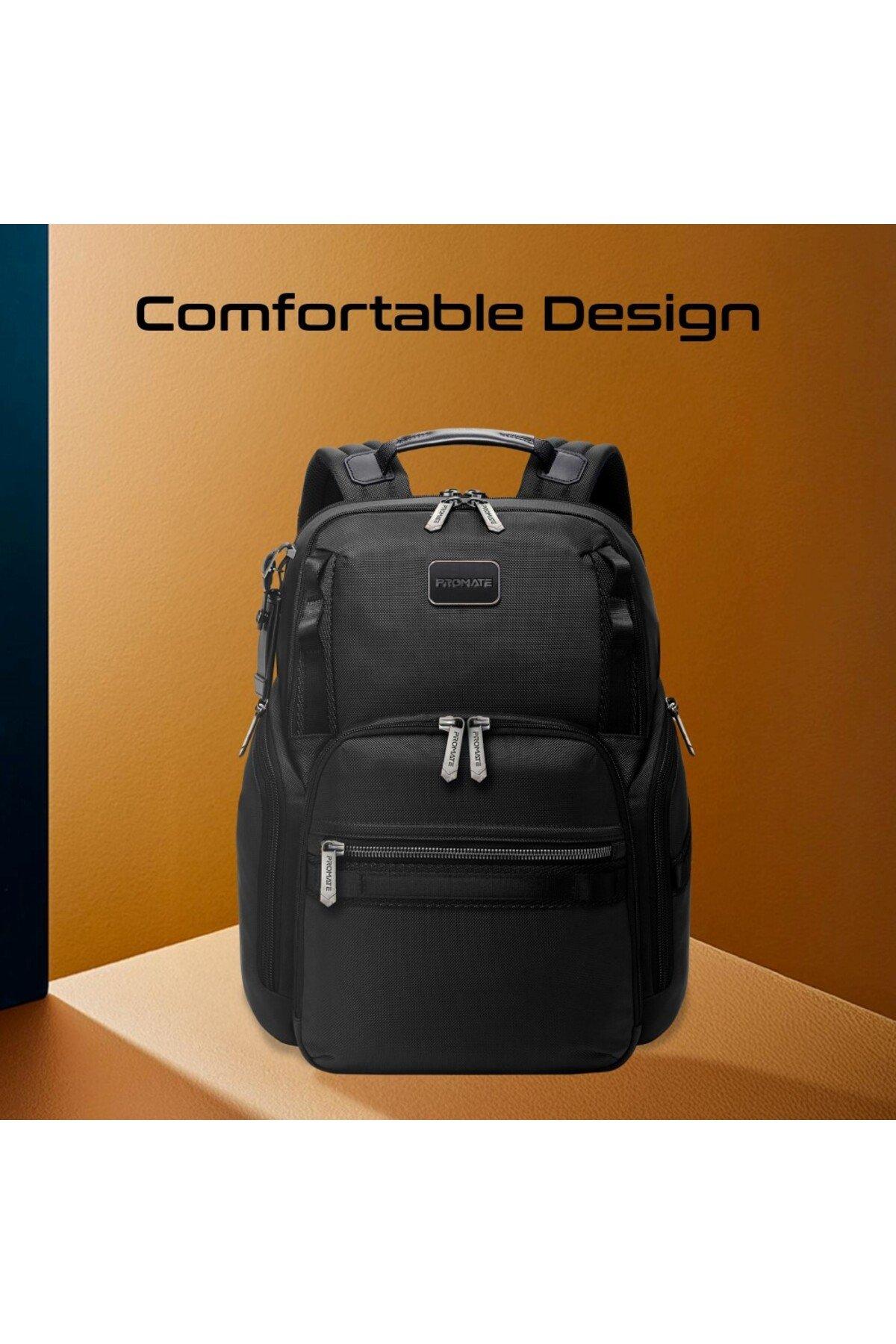 Promate Lightweight Laptop Backpack With 15.6-Inch Laptop Compartment, Multiple Spacious Compartments, Tag Tracker Pocket, Trolley Strap, Quick Access Pockets. 4