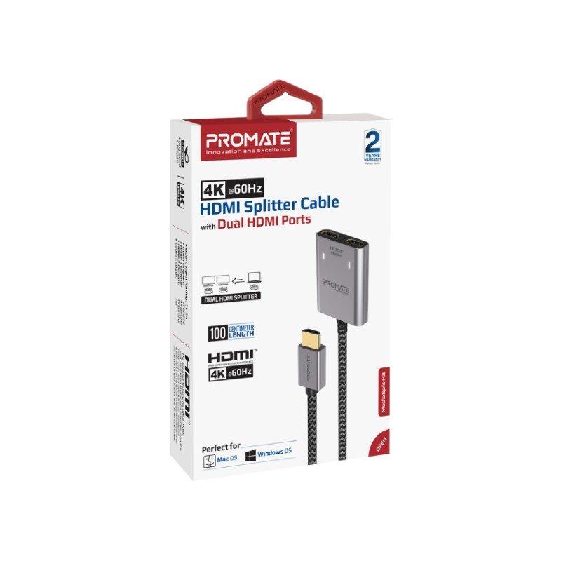 كابل مقسم HDMI من بروميت ، محول محول HDMI فائق الدقة 4K 60 هرتز مع منافذ HDMI مزدوجة ، تصميم مضغوط وسلك مضفر من النايلون مقاس 100 سم لأجهزة MacBook Pro و MacBook Air و PS5 و MediaSplit-H2 4