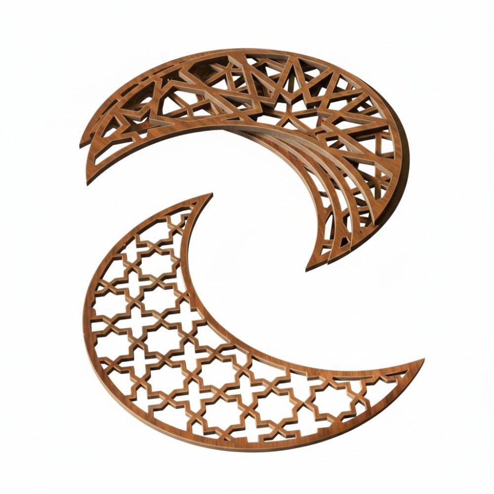 Set of 6 Wooden Coaster Decorations in Ramadan Crescent Shape with Islamic Patterns 3