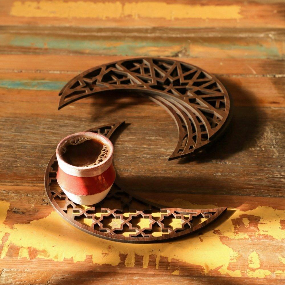 Set of 6 Wooden Coaster Decorations in Ramadan Crescent Shape with Islamic Patterns 4