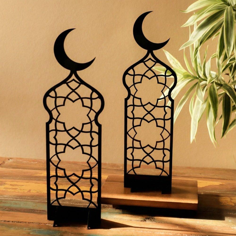 مجموعة من قطعتين ستاند ديكور من الأكريليك بشكل هلال رمضان مع نقشة إسلامية 4