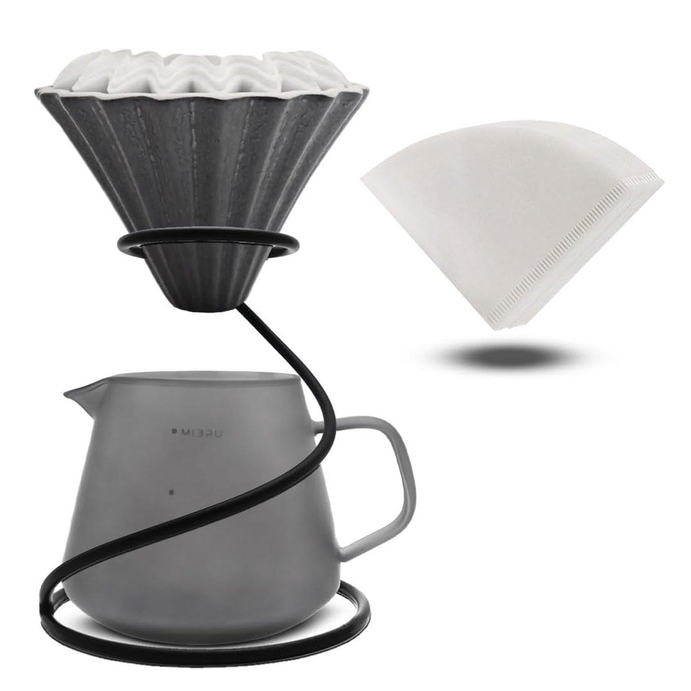 V60 Set includes a kettle, drip funnel, and metal base with two types of paper filters. 3
