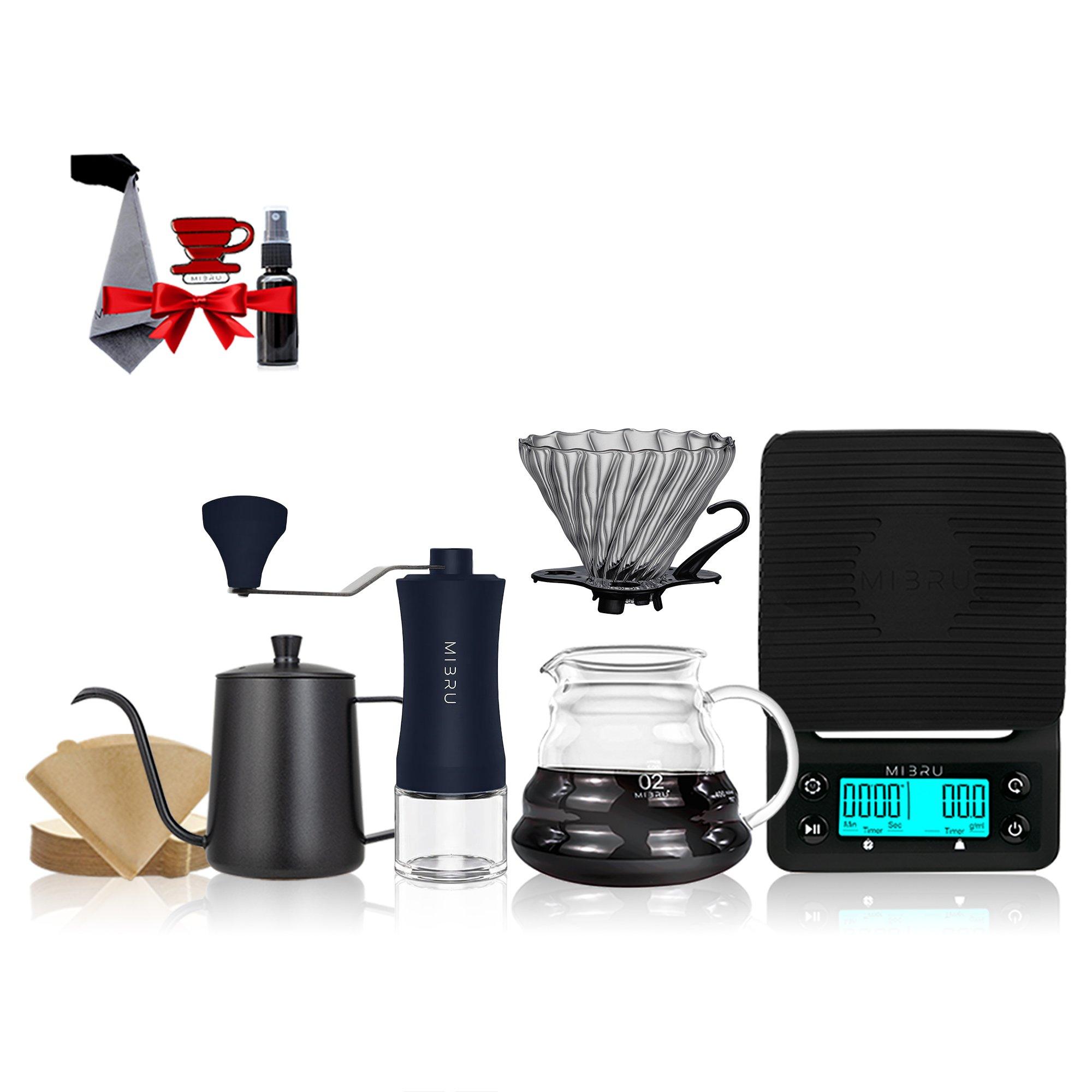 مجموعة v60 تحضير القهوة المقطرة صانعة القهوة بالتنقيط 12 ,مع ميزان قهوة مختص، صينية لوزن حبوب القهوة، مطحنة حبوب القهوة، زجاجة رش لحبوب القهوة، ملعقة قهوة، فلتر ورقي للقهوة، قمع لتقطير القهوة، إبريق 3