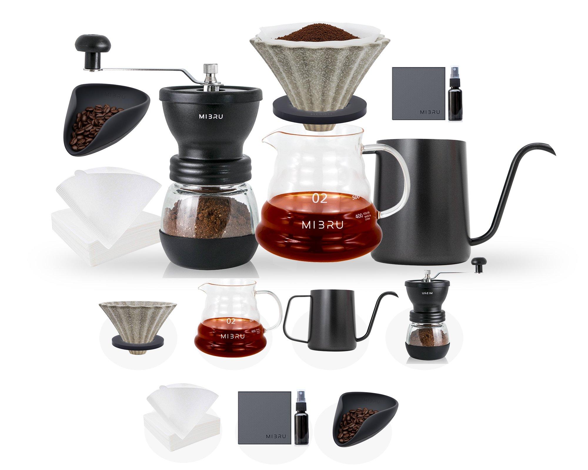 Mibru v60 drip kit set, 7pcs specialty pour over premium brewer tools – barista drip maker with gooseneck kettle, grinder, filter, thermometer 3