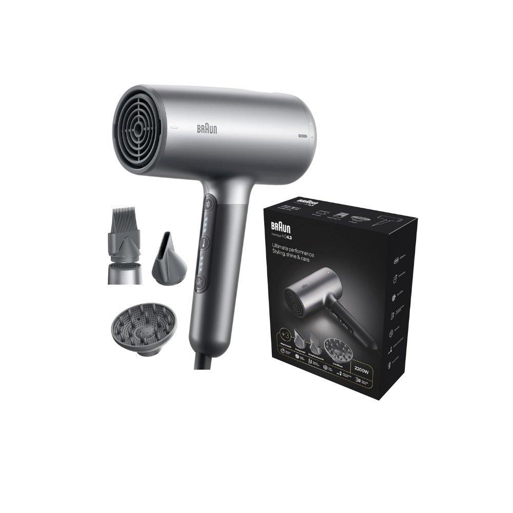 Braun hair dryer hd4.3 ultimate performance, styling, shine & care, htdc motor, 2200 watts, touch control, with drying nozzle, straightening comb, curl diffuser, brhd435sde - electro grey 3