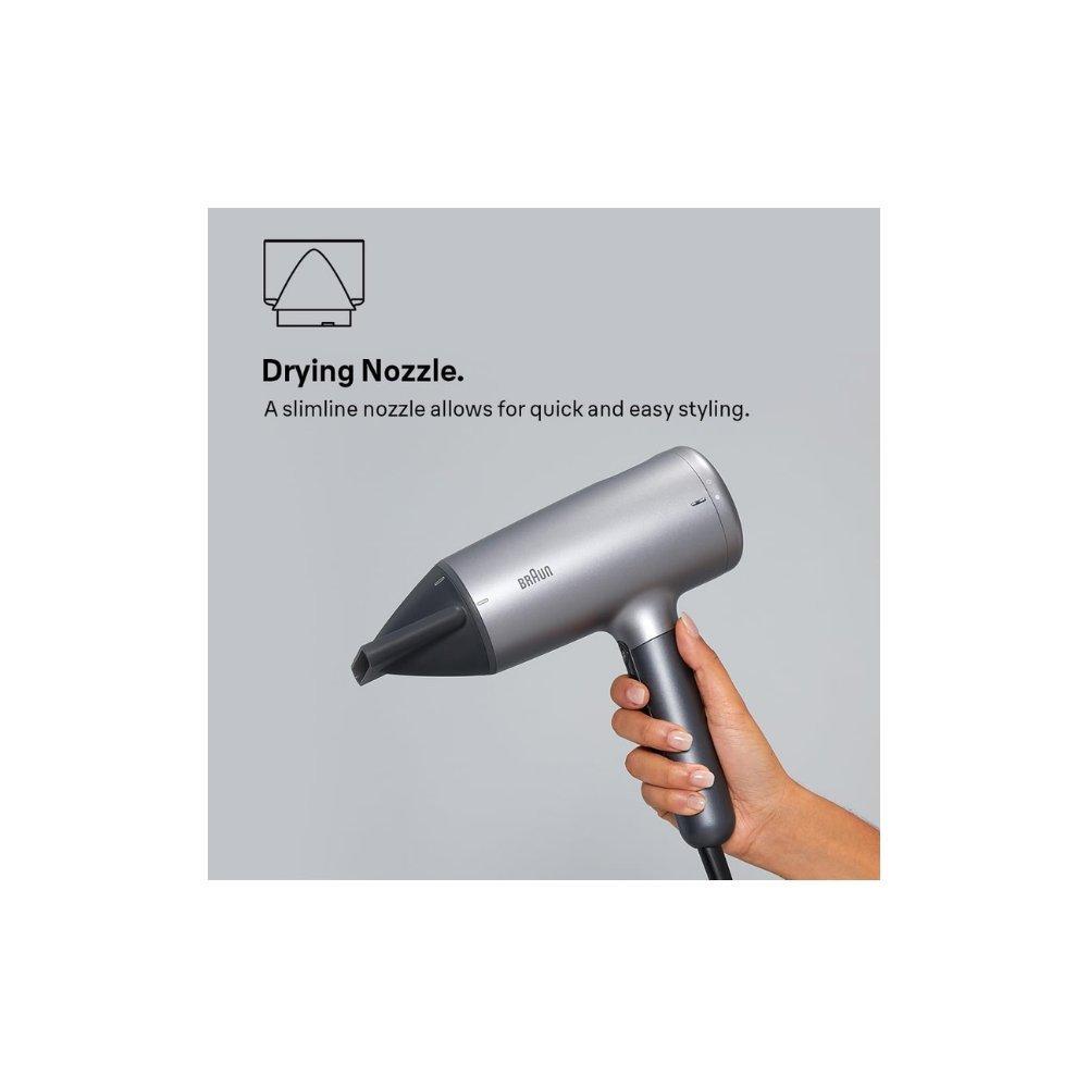 Braun hair dryer hd4.3 ultimate performance, styling, shine & care, htdc motor, 2200 watts, touch control, with drying nozzle, straightening comb, curl diffuser, brhd435sde - electro grey 4