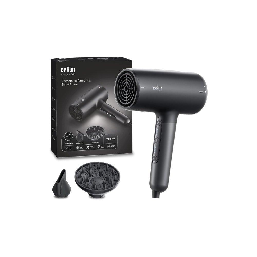 Braun hair dryer hd4.2 ultimate performance, shine & care, htdc motor, 2100 watts, electronic touch control, with 2 attachments drying nozzle, curl diffuser - brhd425sde 3
