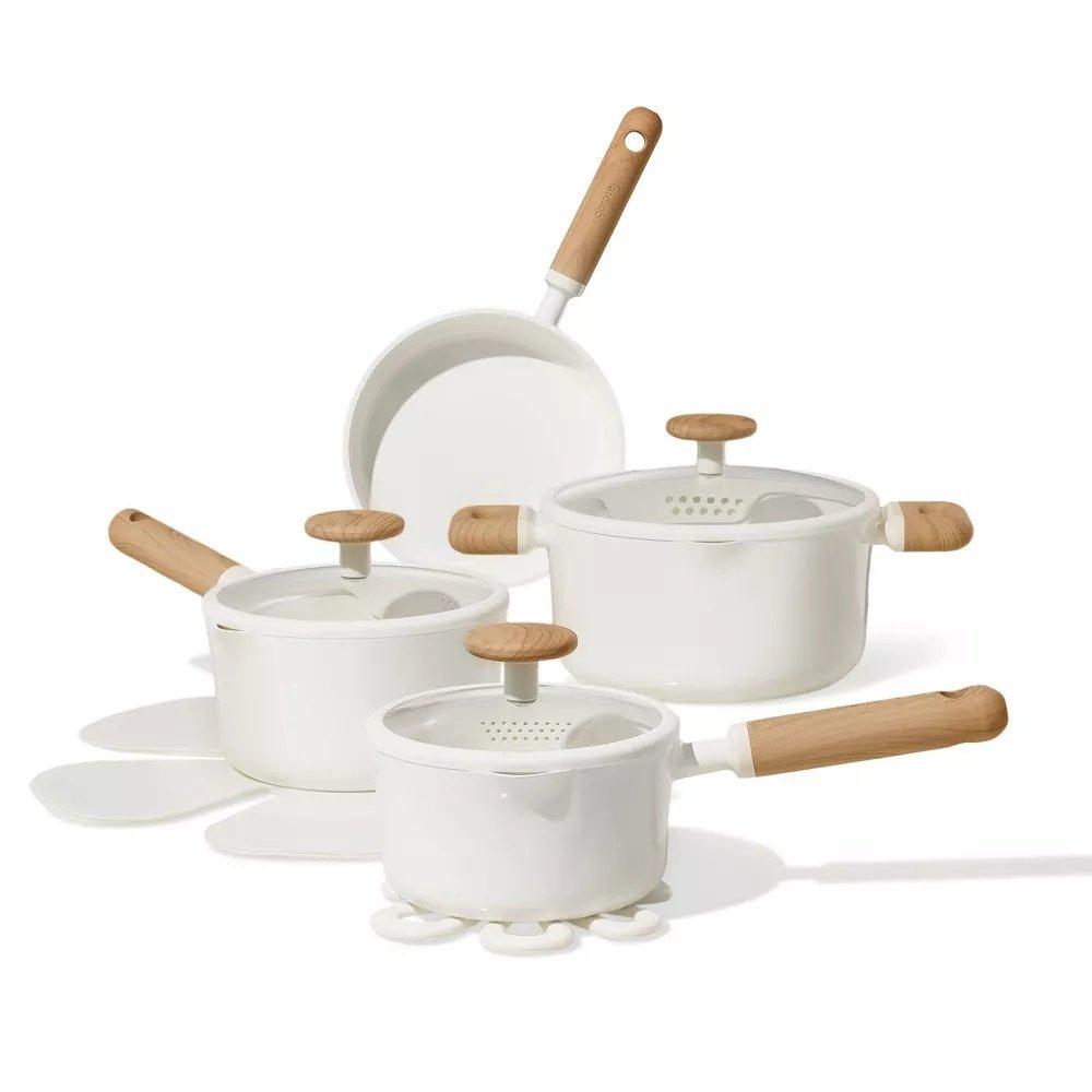Carote 11-piece ceramic nonstick cookware set, pfas-free healthy cooking set, dual-size silicone strainer lids, full-spray even-heat base, all kitchen stovetop compatible, dishwasher safe (cream) 3