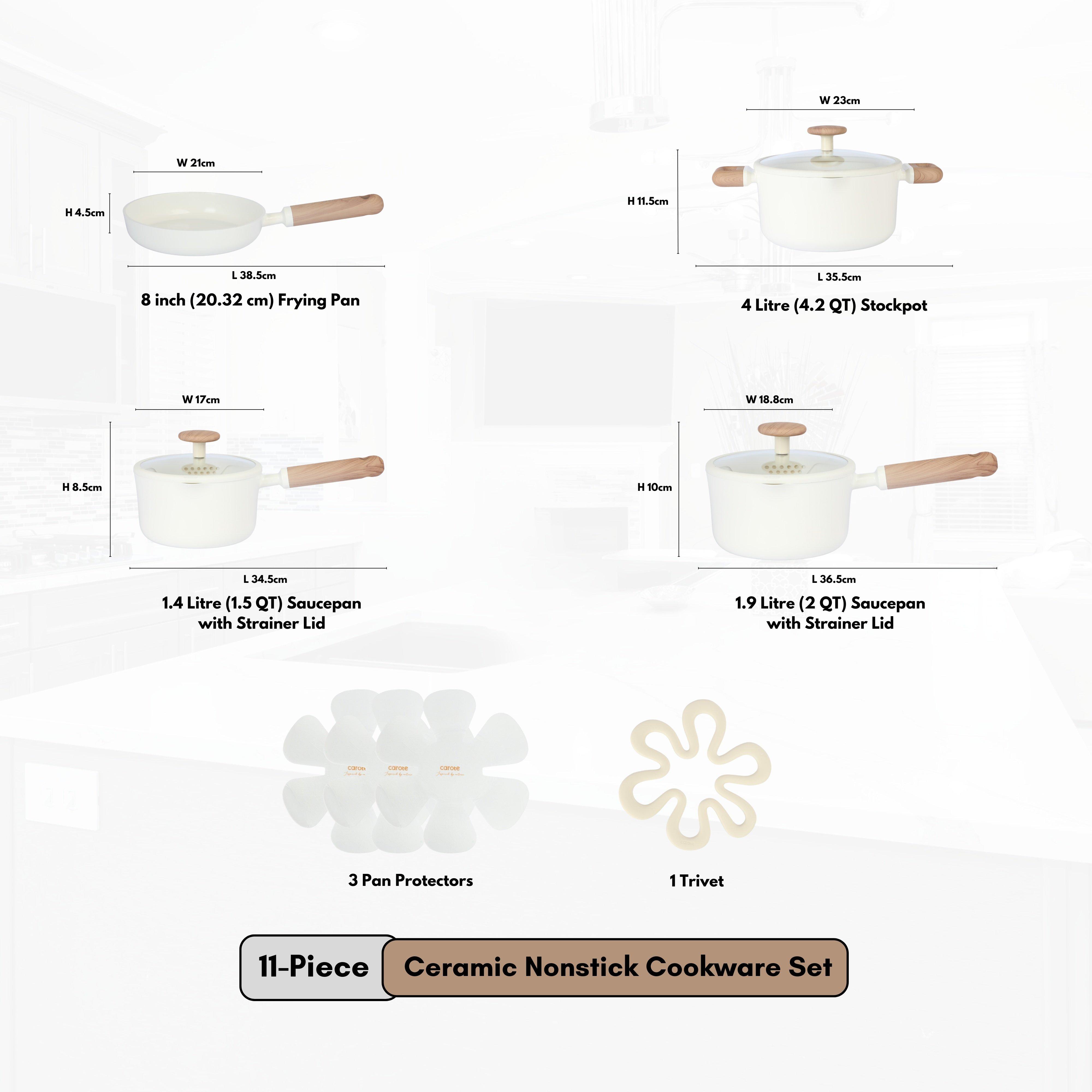 Carote 11-piece ceramic nonstick cookware set, pfas-free healthy cooking set, dual-size silicone strainer lids, full-spray even-heat base, all kitchen stovetop compatible, dishwasher safe (cream) 4