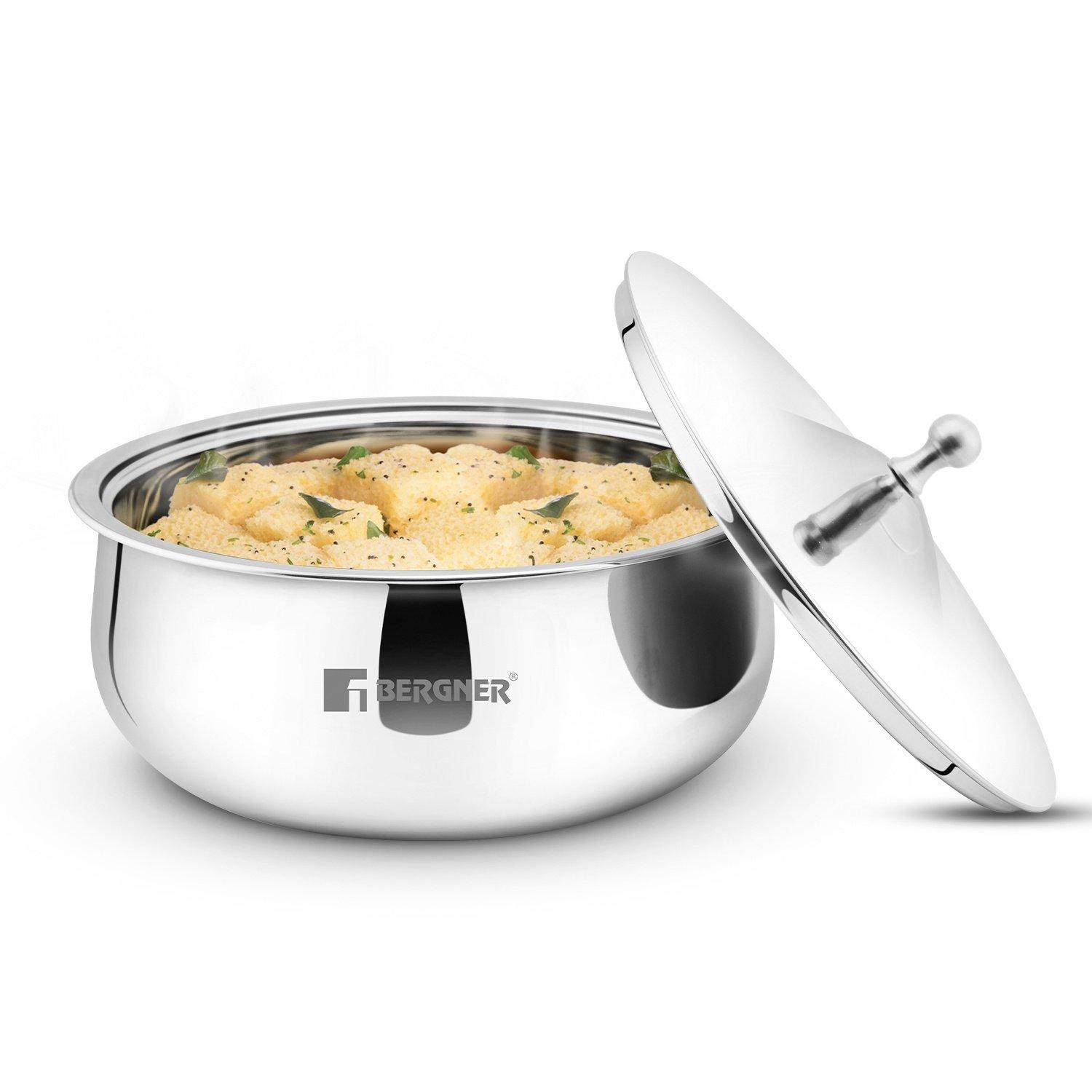 Bergner vienna stainless steel insulated hot pot 19cm (1l), double-walled casserole with lid for keeping food warm & fresh, cast steel knob, durable serving pot for rice roti curries 3