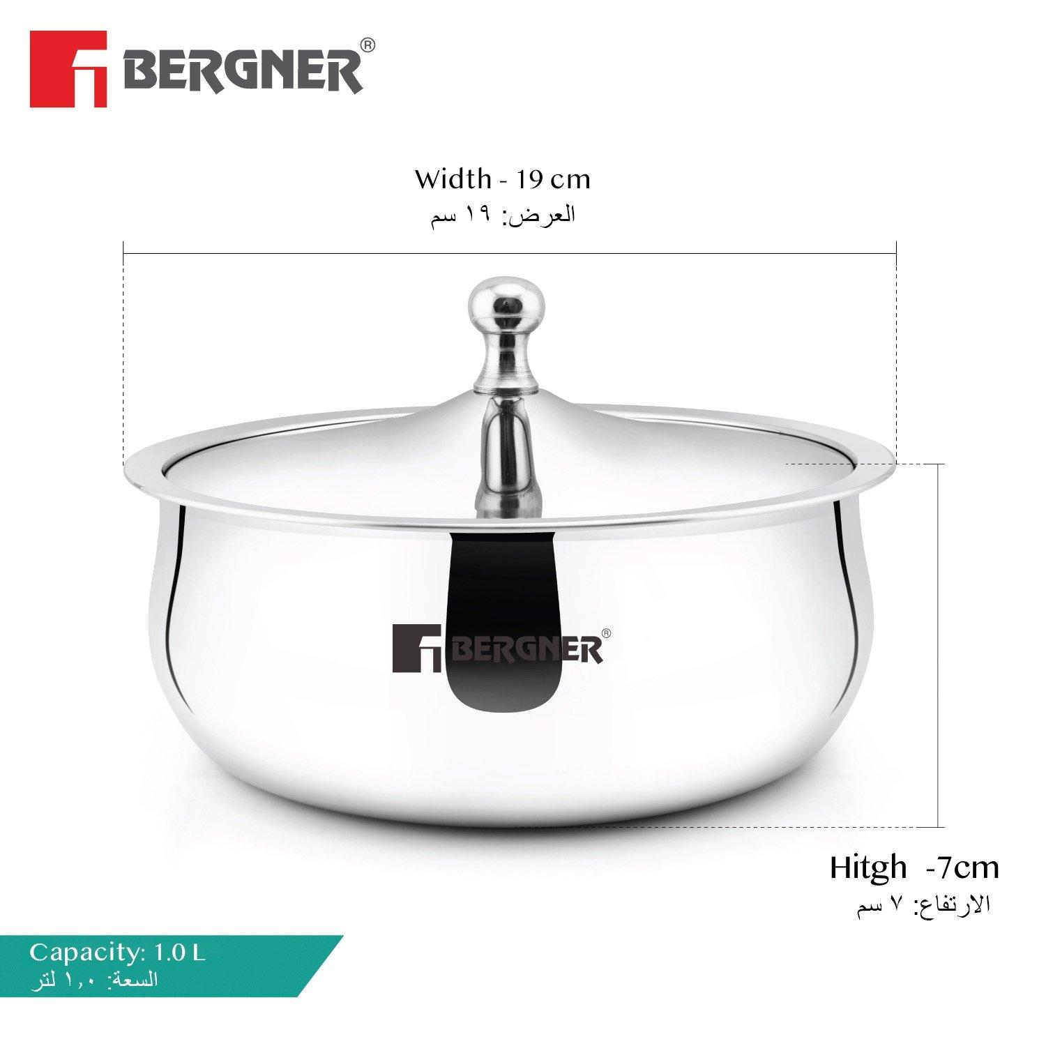 Bergner vienna stainless steel insulated hot pot 19cm (1l), double-walled casserole with lid for keeping food warm & fresh, cast steel knob, durable serving pot for rice roti curries 4