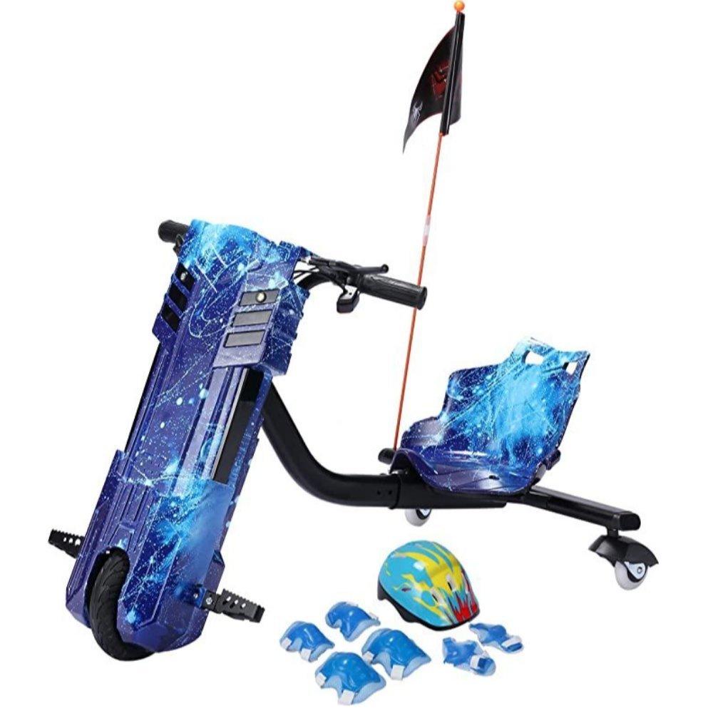 Drifting Electric Scooter 36V With Helmet Pad Set, Knee And Elbow Pads, Electric Power Scooter With 3 Speeds, Electric Drift Scooter Large Size With LED Lights and Bluetooth, Blue 3