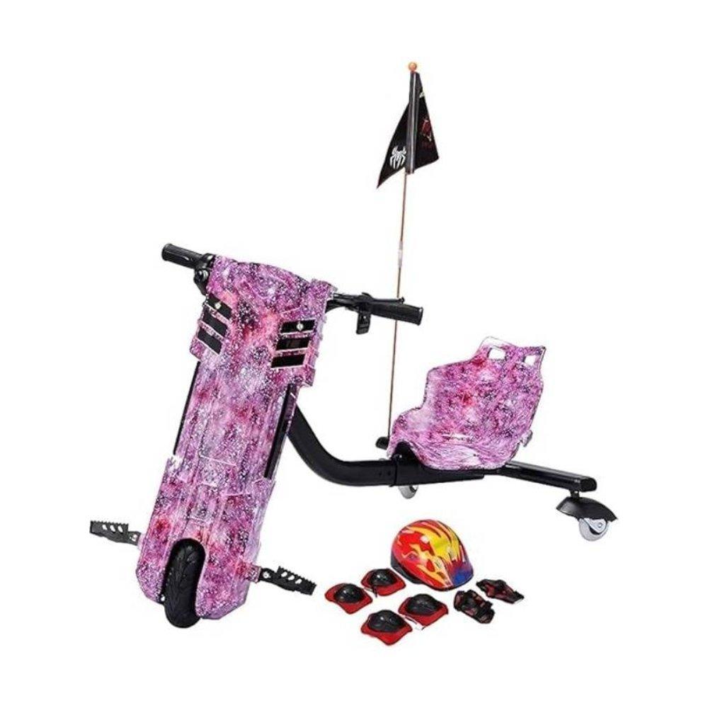 Drifting electric scooter 36v with helmet pad set, knee and elbow pads, electric power scooter with 3 speeds, electric drift scooter large size with led lights and bluetooth, pink 3