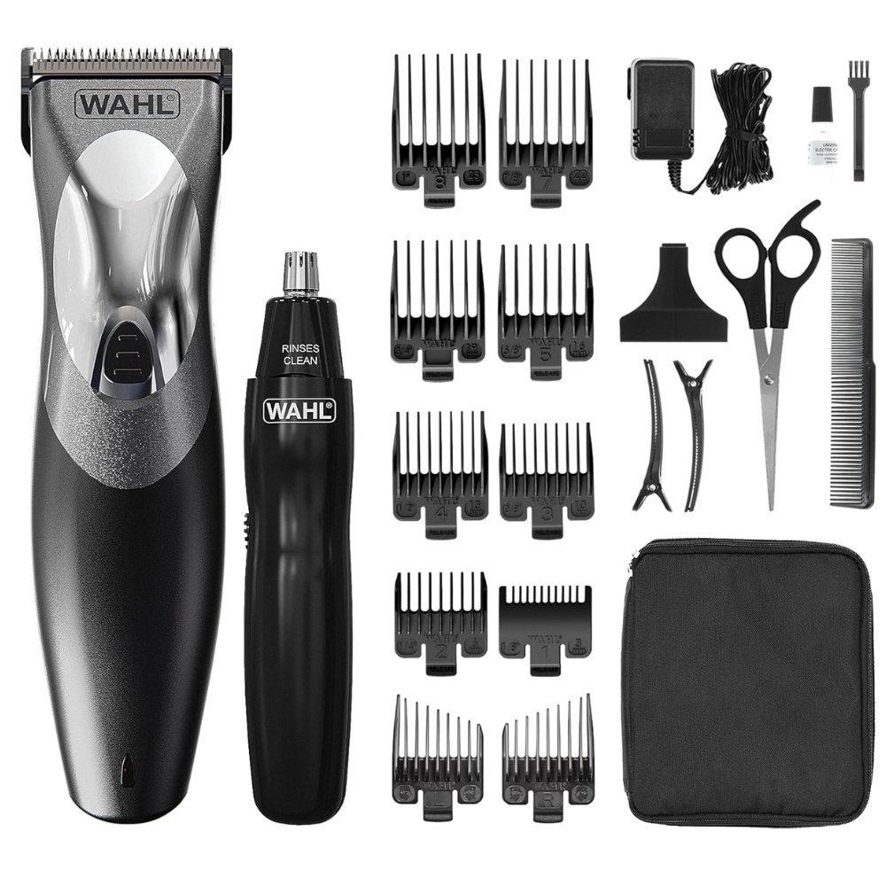 Wahl men's clip & rinse cordless hair clipper set - equipped with nose & ear hair trimmer & washable blades - premium father's day grooming gift pack 3