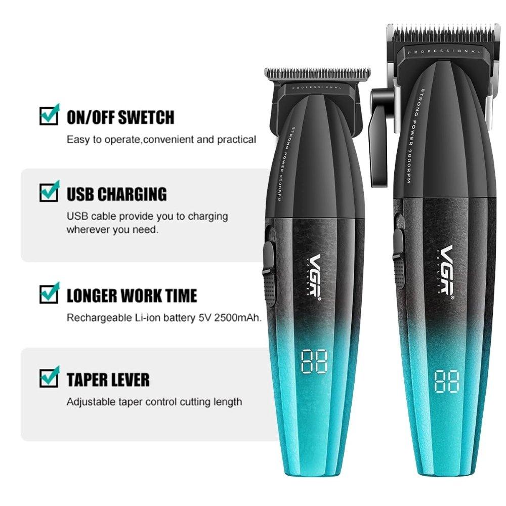 Vgr 640-s2 professional hair clippers for men, cordless barber clippers and trimmers set, zero gap t-blade hair cutting kit 4