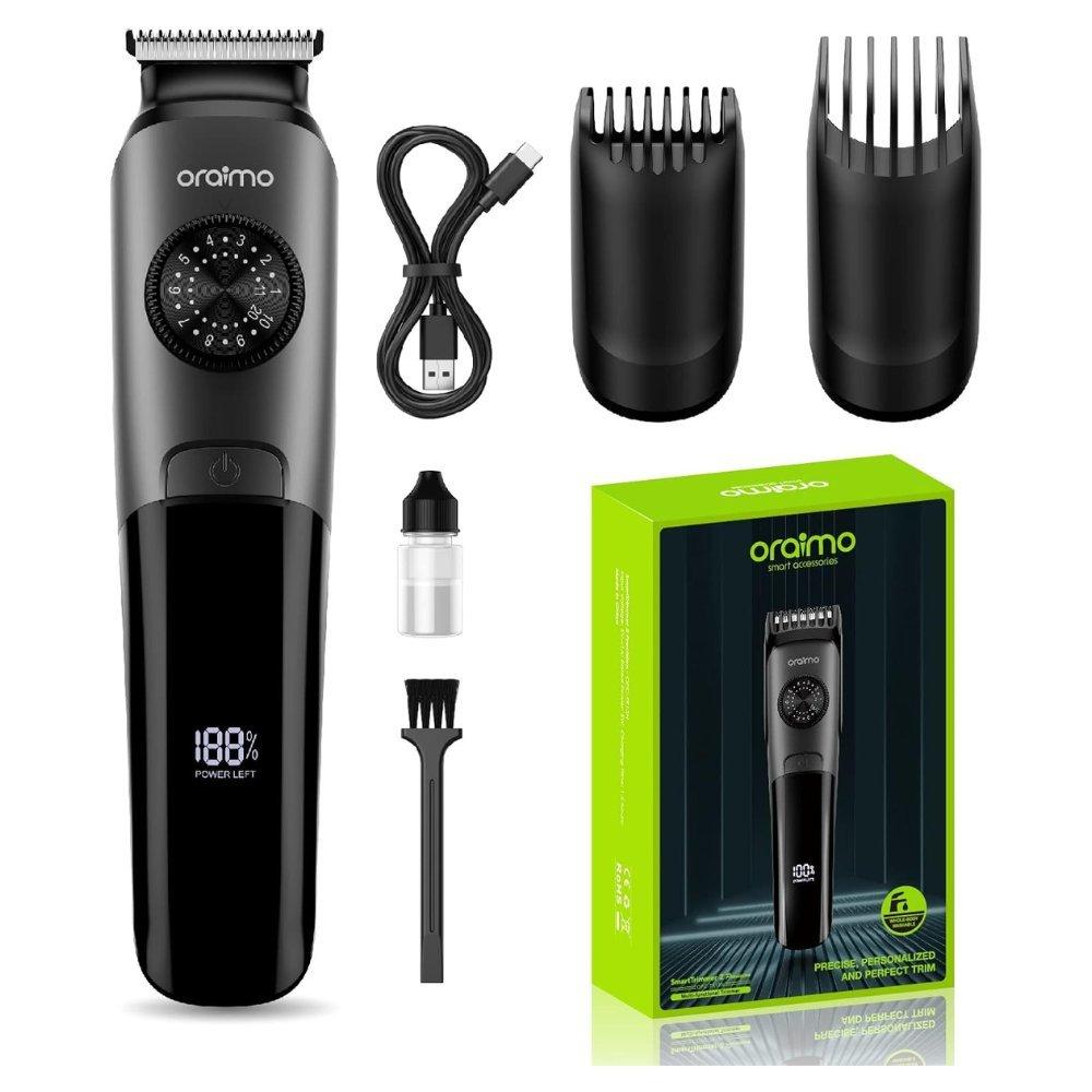 Oraimo smarttrimmer dual dial precision cordless men's beard trimmer - black high-accuracy styling shaver with skin-friendly blades & type-c charging 4