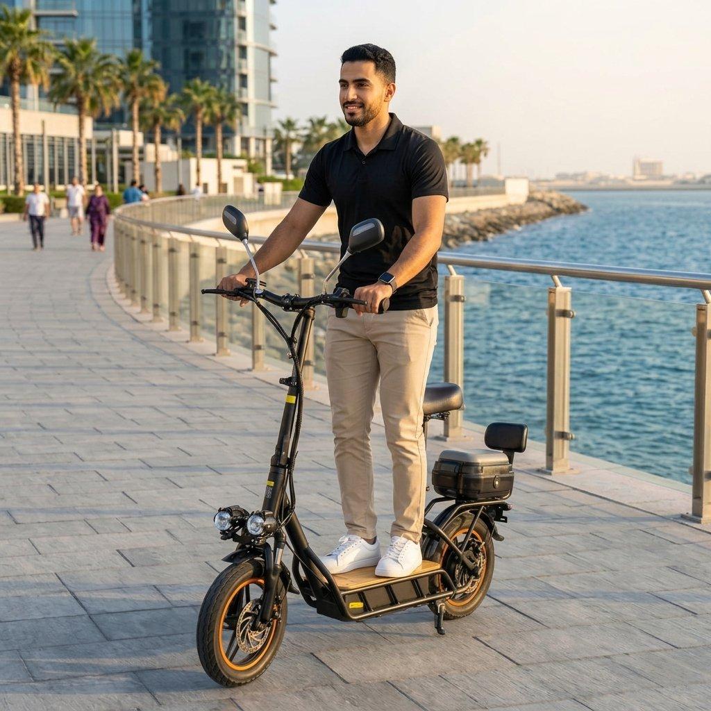 Smart electric scooter with powerful 800w motor & massive 48v battery – equipped with comfortable seat, rear storage box, and 15-inch tires for ultimate comfort & stability! 4