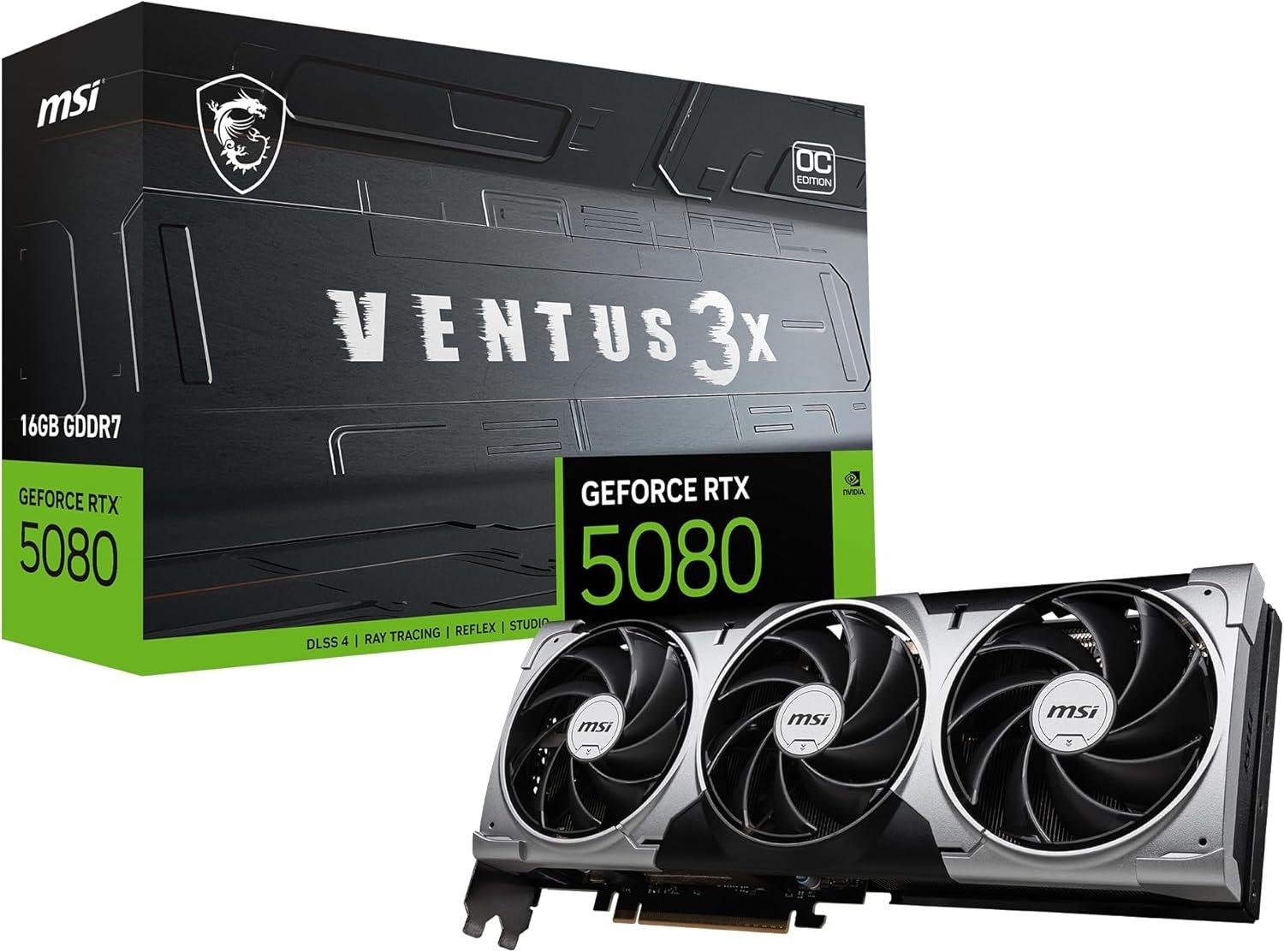 بطاقة الرسوميات msi gaming rtx 5080 16g ventus 3x oc (ذاكرة 16 جيجابايت gddr7، ناقل بيانات 256-بت، أداء فائق: 2655 ميجاهرتز، منافذ displayport 2.1a عدد 3، منفذ hdmi 2.1b، معمارية nvidia blackwell) 3