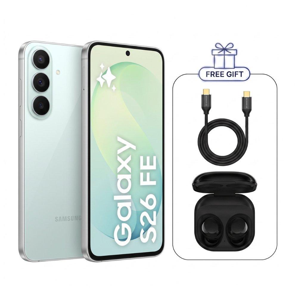 Samsung galaxy s26 fe 5g dual sim, 256gb, 8gb ram, pistachio middle east version with galaxy buds core earbuds + type-c cable bundle 3