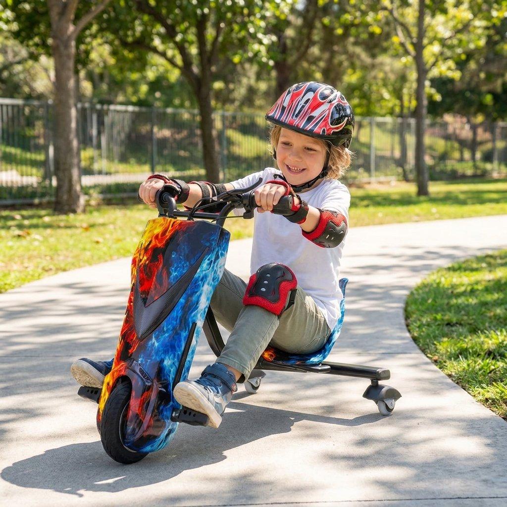 Electric drifting trike scooter for kids large 7-style 36v 5200mah battery – black dynamo motor led lights brakes safety gear included 4