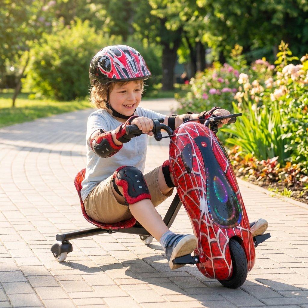 Electric drifting trike scooter for kids large size 36v 5200mah battery – black dynamo motor led lights brakes safety gear set 4