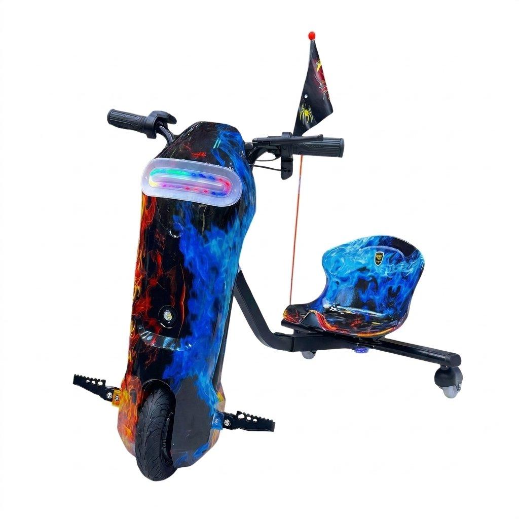 Electric drifting trike scooter for kids large size 36v 5200mah battery – black dynamo motor led lights brakes safety gear set 3