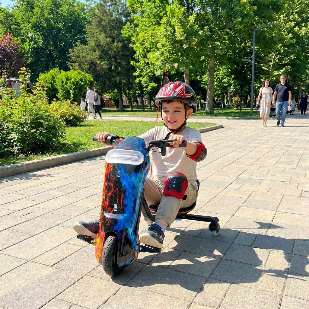 Electric drifting trike scooter for kids large size 36v 5200mah battery – black dynamo motor led lights brakes safety gear set 4