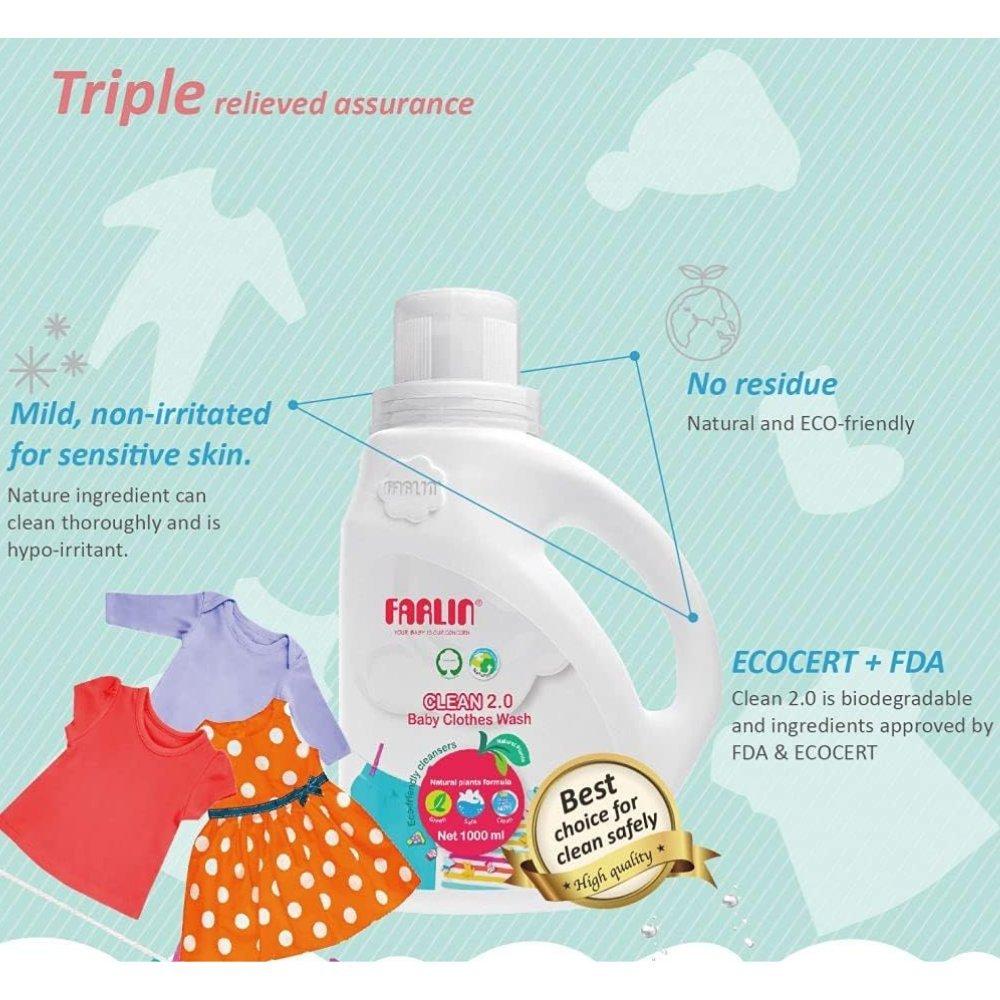 Farlin clean 2.0 baby clothing detergent liquid (800ml) - hypoallergenic & antibacterial plant-based baby laundry soap for sensitive newborn skin 4