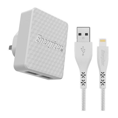 Buy Energizer Wall Charger LW3.4A 2 USB UK+ Lightning Cable, White in Saudi Arabia
