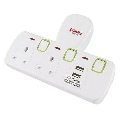 E-links 2 Way Entension Socket, Individual Swtich With 2 USB - eXtra Oman